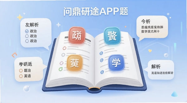 问鼎研途APP题库界面截图风格插画,画面中一本巨大的电子书展开,书页上浮现出政治、英语、数学等科目的图标,周围环绕着选择题选项和解析文字气泡,背景为淡蓝色渐变,突出海量题库与知识覆盖的概念