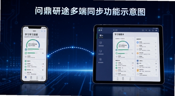 问鼎研途多端同步功能示意图,画面左侧是一部手机,右侧是一台平板电脑,两者之间用发光的虚线连接,屏幕上分别显示相同的学习进度和错题本界面,背景为科技感十足的深蓝色,突出数据同步与便捷学习的主题