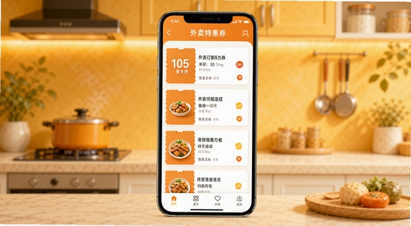 ���������ػ�Ӧ��������չʾ���ֻ���Ļ������ʾ�Ż�ȯ�б���������Ʒͼ�꣬����Ϊ��ܰ�ĳȻ�ɫ����������������������࣬ͻ��ʡǮ����