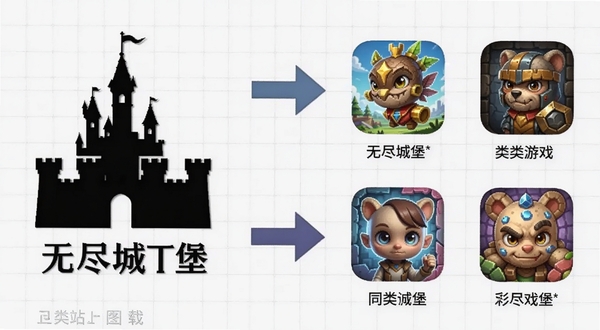 无尽城堡 同类游戏对比示意图,画面左侧是无尽城堡的城堡剪影,右侧排列四款同类游戏的图标与名称,中间用对比箭头连接,背景为浅灰色网格,整体风格简洁商务,适合作为下载站推荐表格配图
