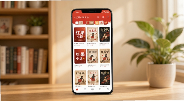 红果小说大全应用主界面展示,画面中央放置一部竖屏安卓手机,手机屏幕内呈现红果小说大全的书架页面,书封排列整齐,背景区域为柔和暖色调的书房场景,书架与绿植虚化处理,整体风格清爽简洁,适配Boogu模型生成