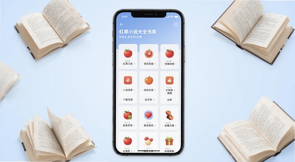 红果小说大全书库分类页面预览图,画面主体为手机屏幕中的分类网格布局,每个分类配有小图标,背景为淡蓝色渐变,周围散落几本翻开的书籍作为装饰,整体视觉干净明快
