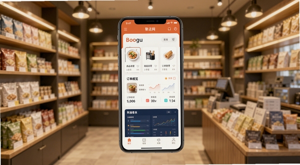 聚店网软件主界面全景展示,画面中央是一部竖屏智能手机,屏幕内呈现聚店网应用首页,包含商品管理卡片、订单概览模块与数据看板区域;背景为虚化的实体店铺货架与暖色灯光,整体色调明亮清爽,适配Boogu模型生成,突出聚店网品牌名称与移动端经营工具定位