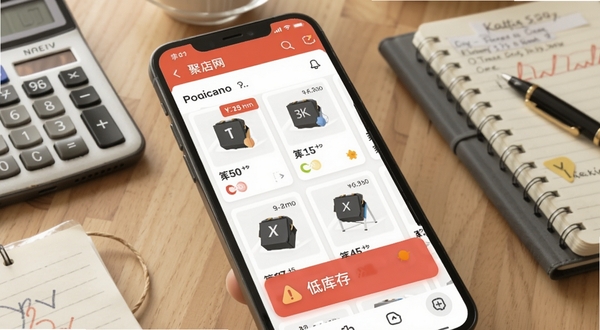 聚店网商品库存管理界面特写,画面主体为手机屏幕中聚店网的商品列表页,显示多个商品卡片与库存数量标签,屏幕下方有低库存红色提醒浮层;背景为木质桌面与计算器、笔记本等经营道具,光线柔和,细节清晰,适配Boogu模型生成