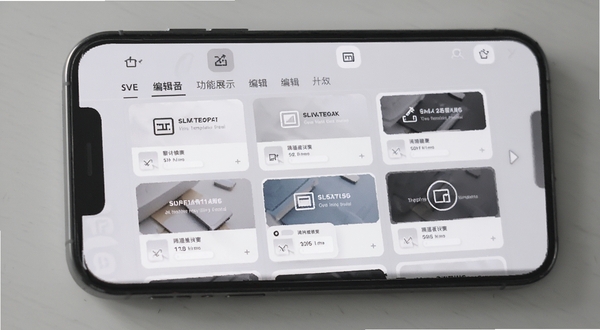 SVE Wiki 编辑器 功能展示 手机屏幕中显示词条模板选择界面 多个卡片式模板排列 标签分类清晰 背景为浅灰色渐变 界面元素简洁 突出编辑与模板图标 柔和光线