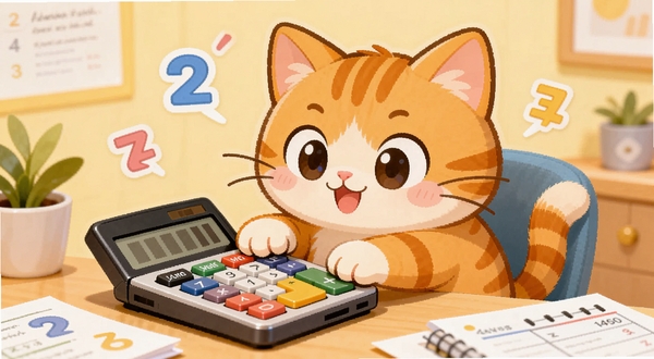 一只可爱的卡通橘猫坐在办公桌前,用爪子按着桌面上的计算器,背景是温馨的浅黄色房间,画面中央是橘猫和计算器,周围散落着数字符号和账本,整体风格清新明亮,适合软件宣传图