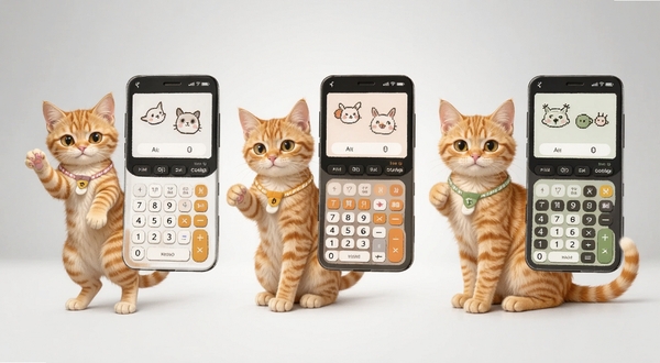 小橘猫计算器主题皮肤展示图,画面中有三只不同姿态的橘猫分别对应三套配色方案,背景是浅灰色渐变,计算器界面悬浮在橘猫旁边,整体风格可爱且专业