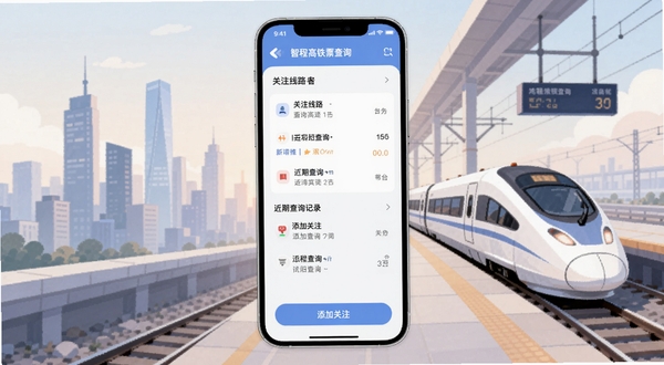 �ǳ̸���Ʊ��ѯ�г̹滮�������棬�ֻ���Ļ����ʾ��ע��·�б�����ڲ�ѯ��¼�����沼�ּ�࣬�ײ������ӹ�ע��ť������Ϊ��������������վ̨�ںϵĲ廭���ɫ����ͣ����ֳ��й滮���⣬����Booguģ�����ɡ�