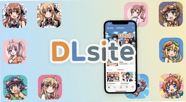 DLsite应用主界面展示,画面中央为DLsite官方标志与移动端界面截图,背景为浅色渐变,周围环绕漫画、音声、游戏等图标元素,整体风格简洁明快,适配Boogu模型生成