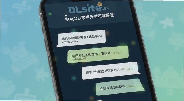 DLsite用户常见问题解答界面示意图,画面为手机屏幕显示问答对话气泡,背景为柔和的蓝绿色渐变,突出帮助与支持氛围,适配Boogu模型生成