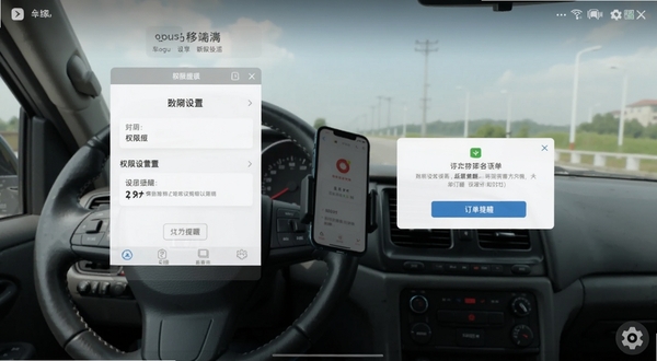 车到勒移动端操作界面截图,展示权限设置页面与订单提醒弹窗,背景为驾驶室视角,方向盘与手机支架清晰可见,画面写实自然,适配Boogu模型生成