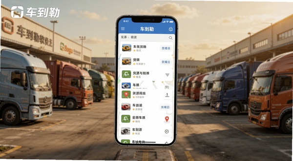 车到勒软件主界面展示,画面中央是手机屏幕显示货源列表与地图定位,背景为物流园区停车场,多辆货车整齐停放,色调温暖写实,突出车到勒品牌标识,适合Boogu模型生成
