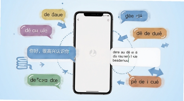 法语翻译通中法互译功能展示图,画面中央为手机界面截图风格,左侧中文输入框显示“你好,很高兴认识你”,右侧法语输出框显示对应译文,界面周围环绕法语词汇气泡与翻译箭头图标,背景为浅蓝色渐变,整体突出翻译功能主题