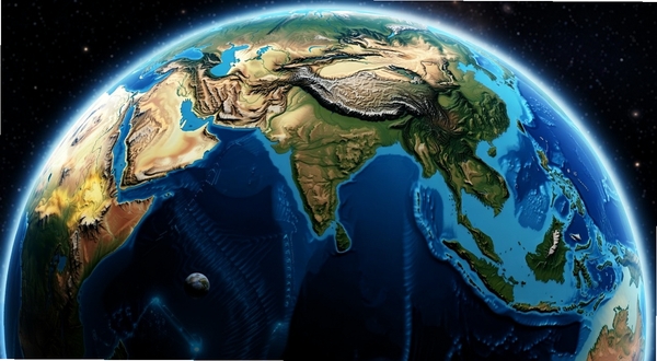 漫游3D全景地球 3D地球模型特写 展示山脉与海洋地形起伏 地球边缘有大气层光晕 背景为深邃太空 画面细节丰富 光影层次分明 科技感强烈