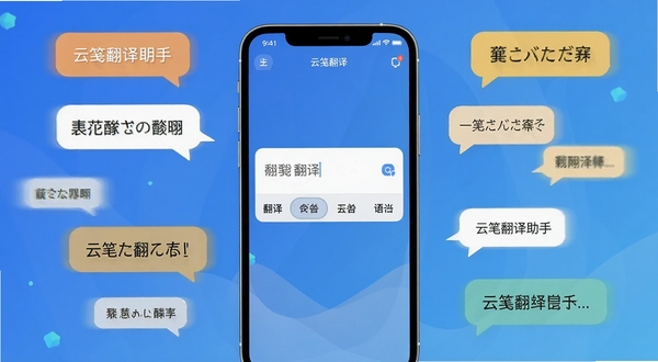 云笺翻译助手 软件主界面 多语言翻译工具 蓝色渐变背景 手机屏幕中央展示翻译输入框与语种选择栏 周围环绕中英日韩文字气泡 扁平化UI风格 简洁明亮 高清细节