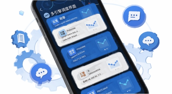云笺翻译助手 多引擎调度界面 手机屏幕显示多个翻译结果卡片并列 中英对照文本 科技蓝配色 齿轮与语言图标环绕 扁平插画风格 清晰直观