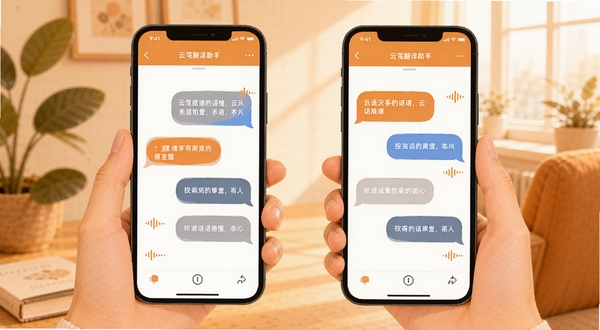 云笺翻译助手 语音对话翻译界面 两部手机面对面 屏幕显示上下分栏对话气泡 中英文交替显示 声波图标点缀 温暖橙色调 扁平化设计 沟通场景