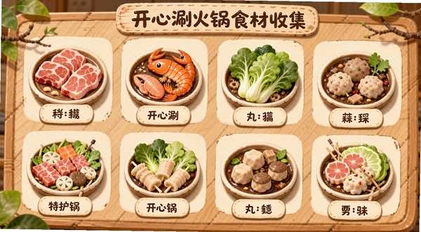 开心涮火锅食材收集界面,展示各种火锅食材图标整齐排列,包括肉类、海鲜、蔬菜、丸子等,每个食材都有精致的小图标和名称标签,界面采用木质纹理背景,整体风格清新可爱