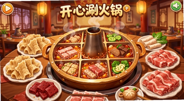 开心涮火锅游戏主界面截图,展示热闹的火锅店场景,画面中央是翻滚的九宫格火锅,周围摆放着毛肚、鸭血、肥牛等食材,背景是古色古香的中式餐厅,暖色调灯光,卡通风格,整体氛围欢乐温馨