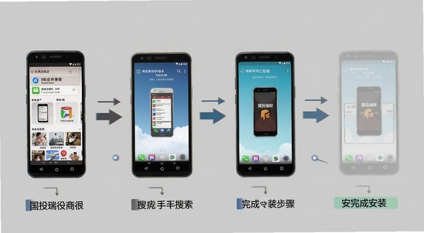 国投瑞银安卓手机操作示意图,画面展示手机屏幕从应用商店搜索到安装完成的步骤分解,背景为简洁灰色,配有箭头指引和文字标注,突出安装流程