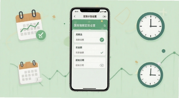 国投瑞银定投设置界面展示,手机屏幕显示定投计划设置页面,包含周期选择、扣款金额和起始日期选项,背景为淡绿色清新风格,周围有日历和时钟图标点缀,突出定期投资概念