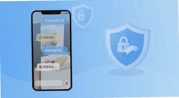 天地安防问答场景示意图,画面展示手机屏幕上的问答对话气泡,背景为淡蓝色渐变与安全盾牌图标,风格扁平化简洁,适配Boogu模型生成