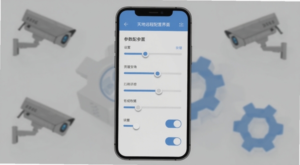天地安防远程配置界面示意图,画面展示手机屏幕上的参数设置滑块与开关按钮,背景为弱化的监控设备图标与齿轮元素,整体色调为浅灰与蓝色搭配,风格简洁清晰,适配Boogu模型生成
