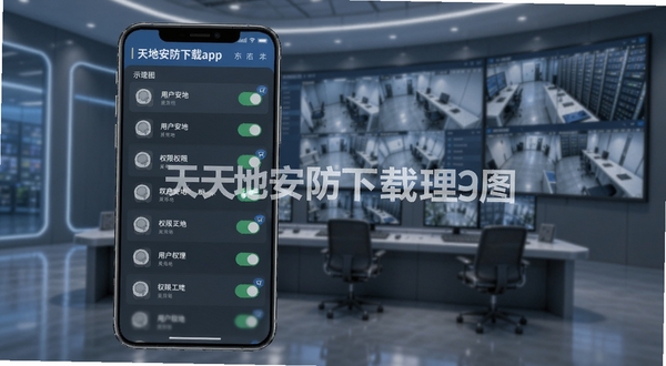 天地安防多角色权限管理界面示意图,手机屏幕显示用户列表与权限开关按钮,背景为现代化安防监控室,多块屏幕显示不同监控画面,整体色调以蓝灰为主,画面中带有天地安防下载app文字水印