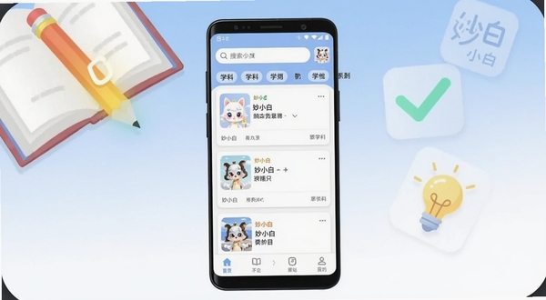 画面中央是一部竖屏安卓手机,屏幕上显示妙小白应用主界面,顶部有搜索框和学科分类标签,中部是卡片式知识点列表,底部导航栏清晰可见;背景为浅蓝到白色渐变,左上角点缀几本翻开的书本和一支发光铅笔,右侧悬浮半透明的对勾与灯泡图标,整体风格清爽明亮,扁平化插画质感,适合作为软件下载站主图,画面中自然融入“妙小白”文字标识