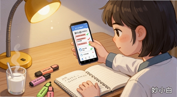一位年轻学生坐在书桌前,面前摊开笔记本和安卓手机,手机屏幕上展示妙小白的错题本界面,红色标记的错题与绿色对勾的已掌握题目形成对比,桌面上散落几支彩色荧光笔和一杯热牛奶,背景是暖黄色台灯光晕,整体氛围安静专注,画面角落自然出现“妙小白”字样,插画风格细腻柔和