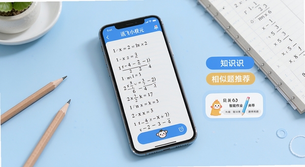 讯飞小状元智能作业辅导功能界面,画面中手机屏幕显示一道数学题的详细解析步骤,旁边有知识点标签和相似题推荐按钮,背景是简洁的浅蓝色学习桌面,周围散落着铅笔和练习本,整体风格清新明快