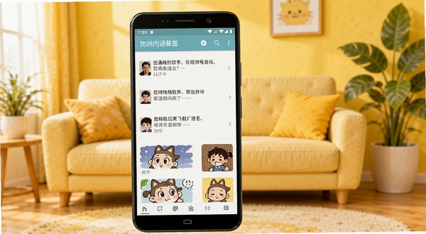 搞笑内涵软件主界面展示,画面中央是一部安卓手机,屏幕上显示着搞笑段子列表和趣图缩略图,背景是暖黄色调的客厅场景,有沙发和绿植点缀,整体氛围轻松愉快,画面风格清新明亮,适合软件下载站展示图