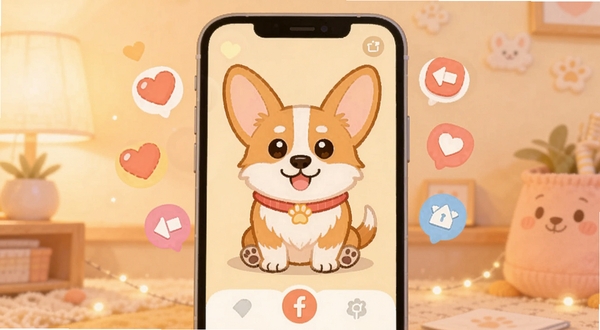 召唤小狗 应用主界面 一只可爱的卡通柯基犬坐在手机屏幕中央 周围环绕着爱心和互动图标 柔和的暖色调背景 扁平化UI设计风格 温馨治愈氛围
