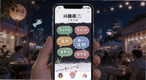 附近夜聊 兴趣标签选择页面 多彩标签气泡 手机UI界面 清新活泼风格