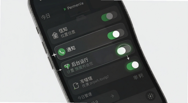 今日天气实时预报权限设置界面示意图,画面主体为手机屏幕显示应用权限管理列表,位置信息、通知、后台运行等权限开关被高亮标注,背景为浅灰色极简风格,UI清晰,具有指导性