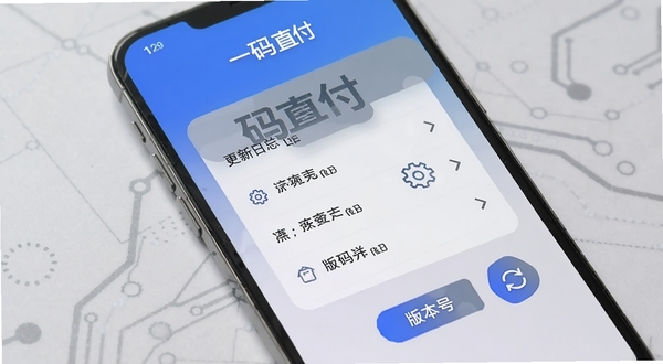 一码直付版本更新页面,手机屏幕展示更新日志列表和版本号标签,旁边有齿轮和刷新图标,蓝灰配色,简洁科技风格,一码直付软件名称出现在页面顶部