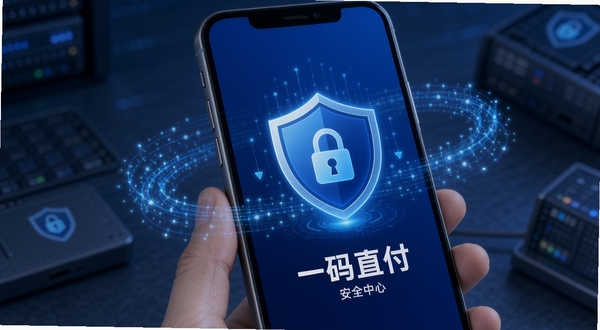 一码直付安全中心页面,手机屏幕显示盾牌图标和加密锁标识,周围环绕数据流线条,深蓝渐变背景,科技感安全主题,一码直付字样出现在界面中