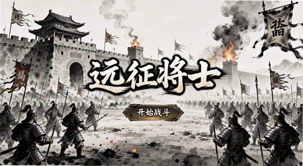 Զ����ʿ��Ϸ�����棬�Ŵ���ǽ�뽫ʿ����ˮī����ֻ�������ʾ��ս�������з�������ģ�����������Զ����ʿ�����뿪ʼս����ť