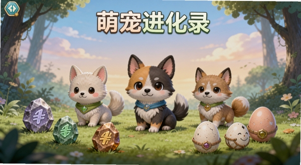 萌宠进化录游戏主界面展示,画面中央是几只不同进化阶段的可爱宠物角色,周围环绕着进化石与孵化蛋元素,背景为柔和的森林与天空渐变色调,整体风格清新治愈,适合作为游戏宣传预览图