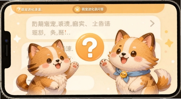 萌宠进化录问答界面概念图,画面中有问号图标与萌宠角色互动,背景为聊天框样式,色调温暖
