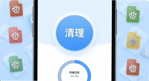 手机垃圾一键清理软件主界面,画面主体为手机屏幕中央显示一个巨大的圆形清理按钮,按钮下方有存储空间环形进度条,背景为浅蓝色渐变,四周散布着垃圾文件图标,整体风格清爽简洁,适配Boogu模型生成