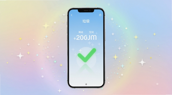 手机垃圾一键清理清理完成界面,画面主体为手机屏幕显示释放空间数字与绿色对勾动画,背景为柔和的渐变光晕,周围有星星点点的粒子效果,传达清理成功的轻松感,适配Boogu模型生成