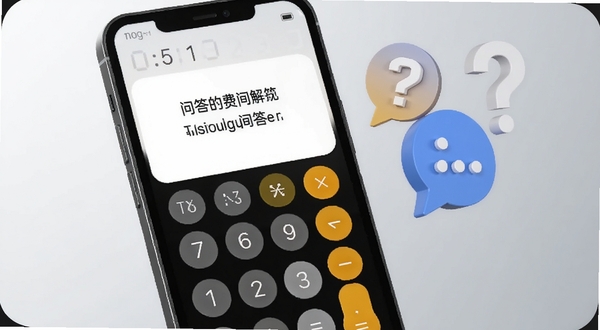 一部手机屏幕显示计算器免费智能的问答界面,旁边漂浮着问号与对话气泡图标,背景为浅灰色渐变,整体风格简洁明快,突出用户互动与问题解答的氛围,适配Boogu模型生成。