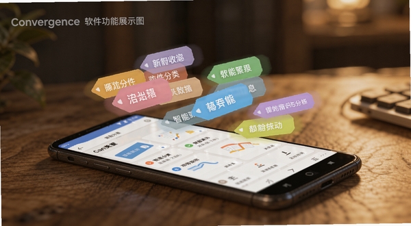 The Convergence软件功能展示图,画面主体为一部安卓手机斜放于木质桌面,屏幕显示智能分类标签界面,彩色标签卡片悬浮于屏幕上方,背景虚化处理,暖色调光线,细节清晰,体现信息聚合与分类管理的产品特色