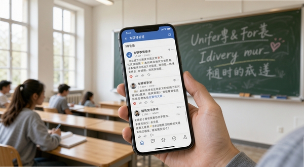 本硕博部落移动端使用场景展示,用户手持手机浏览学术帖子,背景为大学教室与黑板,画面明亮自然,突出便捷学习与随时交流的特点