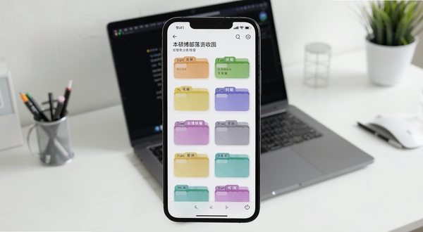 本硕博部落资料收藏与分类管理界面,手机屏幕显示不同颜色标签的收藏夹,背景为整洁的书桌与笔记本电脑,整体风格简约高效,突出整理与检索功能