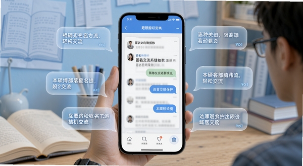 本硕博部落匿名提问界面展示,手机屏幕显示匿名交流板块,周围环绕半透明气泡对话框,背景为浅蓝色学术风格,突出隐私保护与轻松交流的氛围