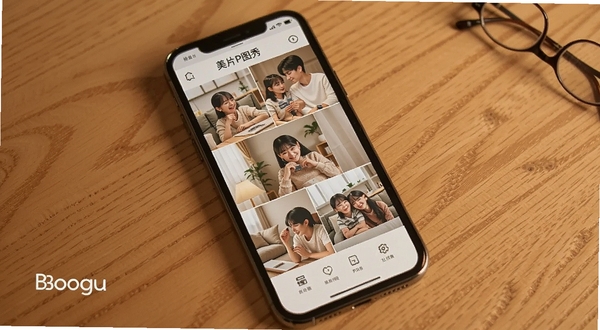美片P图秀 拼图模板界面 手机屏幕展示多张照片拼接效果 背景为木质桌面 画面温馨 突出拼图边框与布局选项 适配Boogu模型生成