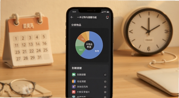 一木记物数据统计与提醒功能界面,手机屏幕显示分类物品数量饼图与到期提醒列表,背景为简约办公桌面,搭配日历和时钟图标,暖色调柔和光线,扁平化UI风格