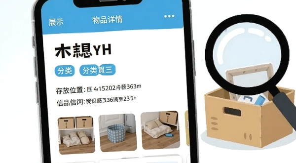 一木记物物品详情页面展示,手机屏幕中显示一件物品的名称、分类标签、存放位置信息与位置照片缩略图,画面右侧搭配放大镜与收纳盒元素,明亮清新的蓝白配色,扁平插画风格